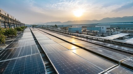 Fototapeta premium Photovoltaic solar panels on factory rooftop producing clean renewable electricity
