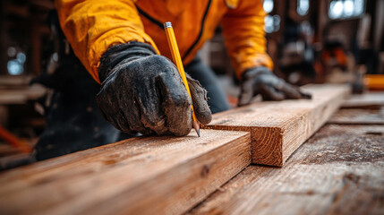 worker measuring wooden beam on framing site, pencil behind ear, active construction area