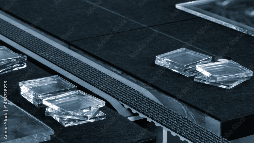 Poster a black table with a blue border and a number of clear glass pieces on it. the table is made of wood