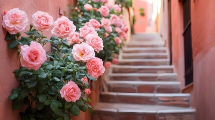 Pink Roses Blooming on Old Stone Steps in a Charming Alleyway