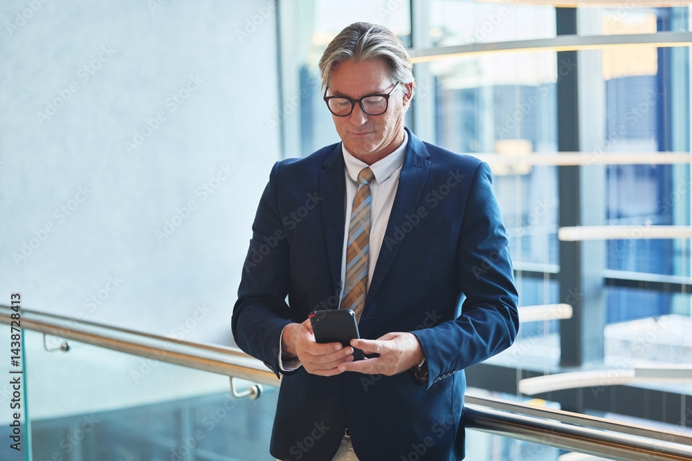 Aufkleber cellphone, communication and businessman in office for email for corporate networking with client. p