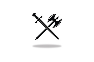 Black crossed sword and axe silhouette icon representing medieval battle weapons and fantasy combat.