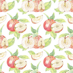 Apple seamless pattern watercolor hand drawn. Red yelow fruit, green leaves illustration. Background autumn composition for wallpaper, textile, menu, print. Art for design. Healthy food