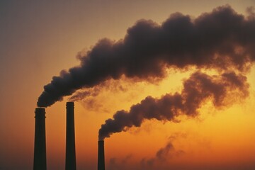 Industrial pollution at sunset. Dark plumes of smoke billowing from tall factory chimneys against a vibrant orange and dusky sky.  A powerful image of environmental damage and pollution