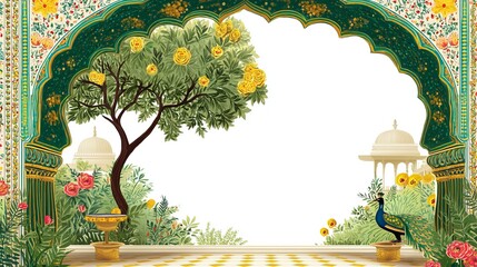 Traditional Mughal garden arch with peacock illustration frame for wedding invitation design