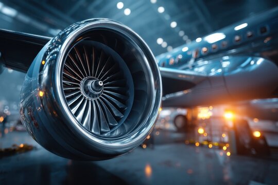 Close-up of a modern airplane engine with intricate turbine blades reflecting light, standing out against the aircraft body and hangar ambiance, showcasing engineering excellence.