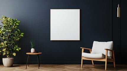 Modern living room, armchair, blank canvas, plant, dark wall, interior design mockup