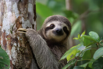 Fototapeta premium A sloth slowly moving down a tree trunk, its claws gripping the bark as the jungle surrounding it buzzes with life.