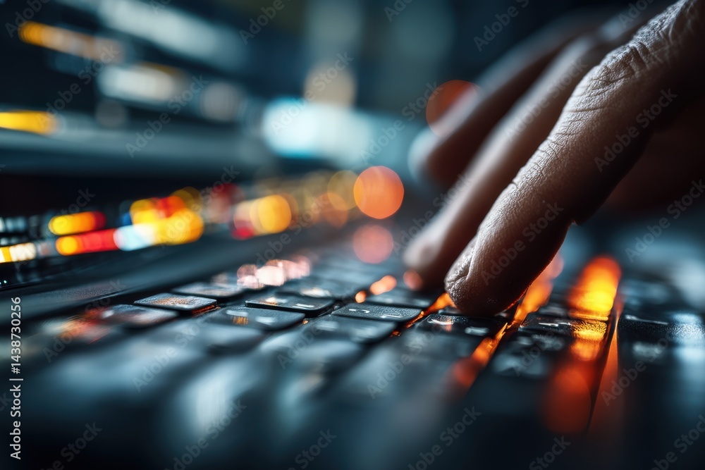 Poster close-up of fingers typing on a laptop keyboard with vibrant illuminated keys, showcasing modern tec