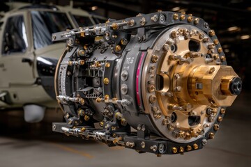Obraz premium Close-up of a complex rotor head mechanism of a military helicopter, showcasing intricate engineering, gold details, and robust construction, precision aerospace design.