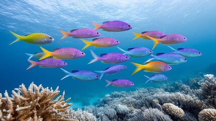 Vibrant Reef Fish Schooling in Coral - A school of colorful reef fish swims gracefully above a vibrant coral reef. The fish display a range of bright hues
