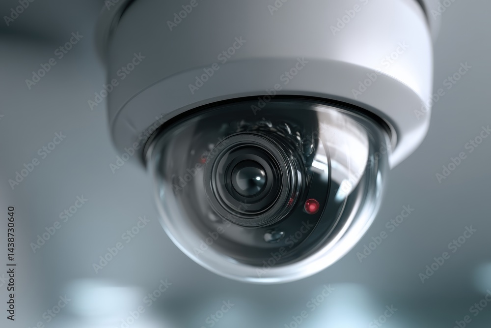 Poster a high-resolution close-up of a modern, dome-shaped cctv security camera system, designed for survei