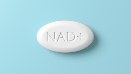 Top view of NAD+ supplement tablet on blue background. Concept of anti-aging therapy and life extension. 3d illustration, rendered. Copy space