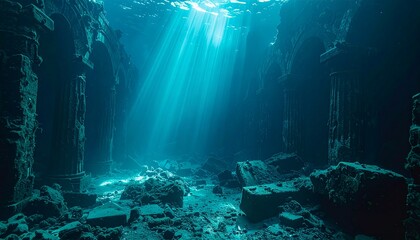 Fototapeta premium Abandoned underwater city ruins with light beams slicing through murky depths