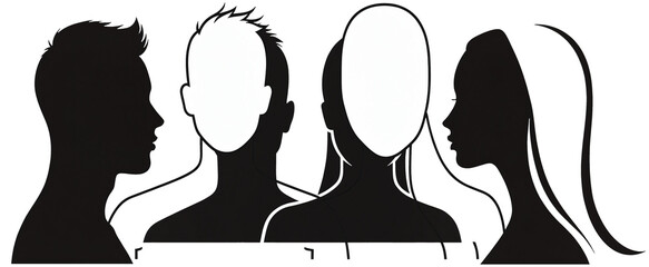 silhouette of multiple people, figures with faces as silhouette outline, isolated