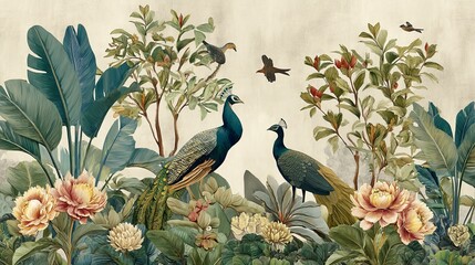 Traditional Mughal wall mural featuring tropical plants birds watercolor background and peacock