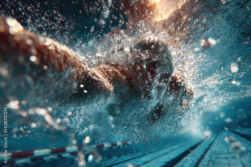 Poster underwater view of a swimmer in action, capturing the dynamic splash and movement of water, with bub
