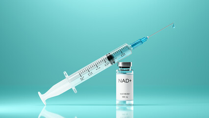 Medical syringe with a needle and a vial with NAD+ solution on blue background. Concept of anti-aging therapy and life extension. 3d illustration, rendering. Copy space