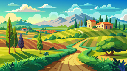 Beautiful Italian summer rural landscape; Countryside Panorama of summer green field with dirt road and sunny cloudy sky.