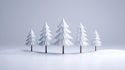 Winter Wonderland Tree Scene - Five stylized snow-covered trees stand in a row on a snowy landscape against a light gray background. Minimalist winter scene