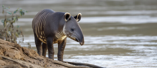 A Tapir standing on a muddy riverbank, its feet slightly sinking into the wet earth, with water gently flowing in the background.