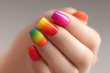 Close-up of a woman's hand showcasing rainbow gradient nail art, featuring bright, vibrant colors and a glossy finish for a stylish and eye-catching look.