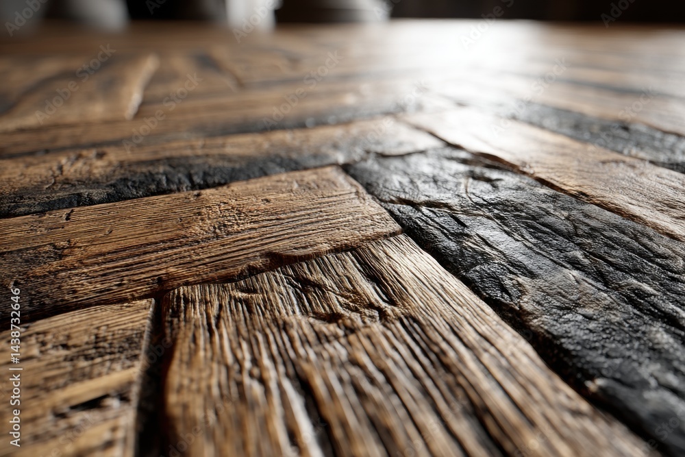 Poster a close-up, high-angle shot showcases a weathered, rustic wood surface with visible grain, texture, 