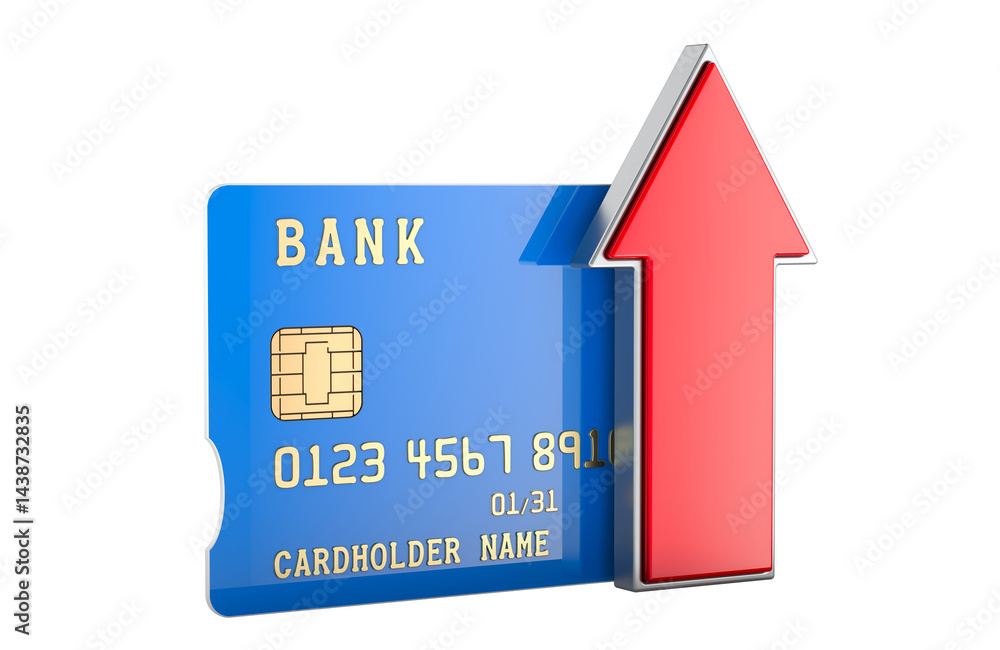 Aufkleber money send, concept. credit card with red arrow up. 3d rendering isolated on transparent background