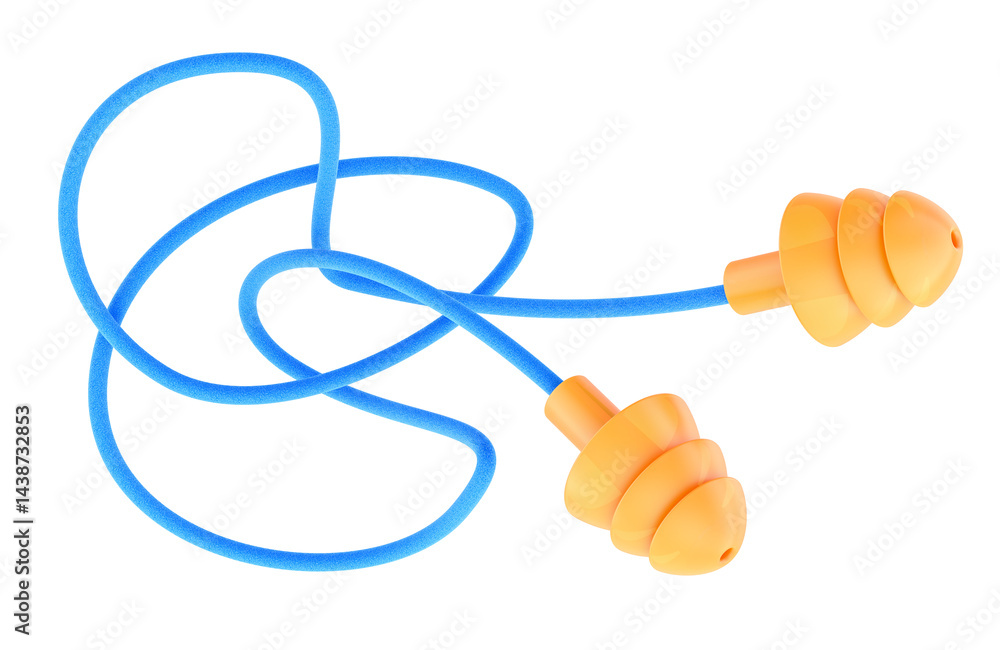 Poster orange earplugs for sleep soft silicone reusable with cord, 3d rendering isolated on transparent bac
