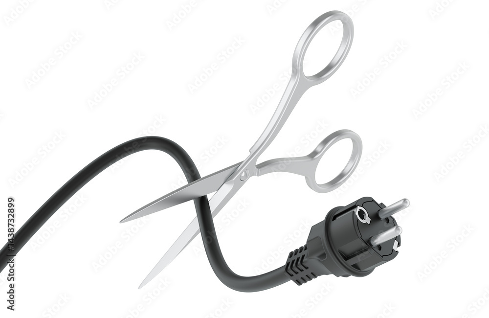 Poster scissors cutting of electrical power cable with plug. power outage or saving energy, concept. 3d ren