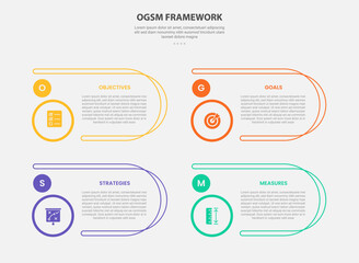 OGSM infographic outline style with 4 point template with round rectangle container with circle badge for slide presentation