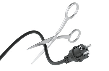 Scissors cutting of electrical power cable with plug. Power outage or saving energy, concept. 3D rendering isolated on transparent background