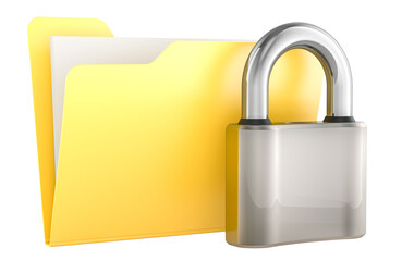 Yellow computer folder icon with padlock, 3D rendering isolated on transparent background