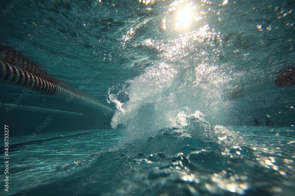 Poster underwater shot capturing the dynamic motion and splashes in a swimming pool, creating a sense of de