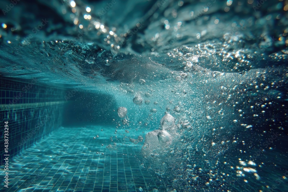 Poster a captivating underwater shot showcasing the shimmering blue water in a pool, with bubbles creating 