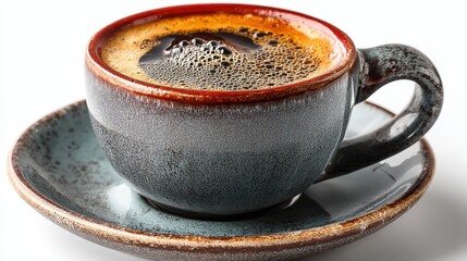 a steaming cup of freshly brewed espresso with a thick crema on a white isolated background, bold and energizing design