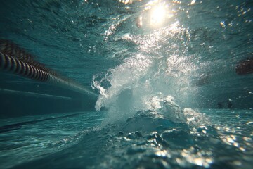 Obraz premium Underwater shot capturing the dynamic motion and splashes in a swimming pool, creating a sense of depth and movement with sunlight filtering through the water surface.