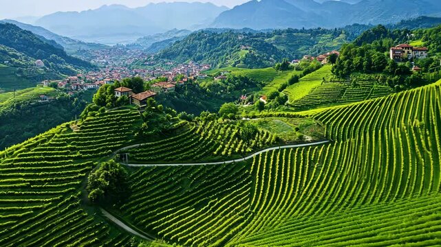 Aerial panorama of lush vineyards overlooking serene valley with rolling hills