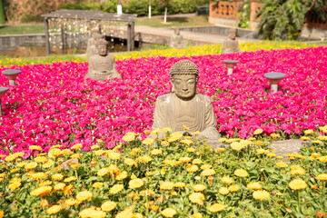 figure of Buddha in spring flower sea