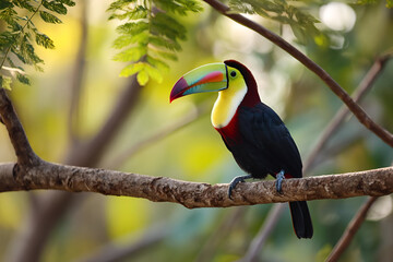 Obraz premium A toucan standing on a tree branch, looking directly at the camera with its vibrant beak and glossy feathers illuminated by the late afternoon light