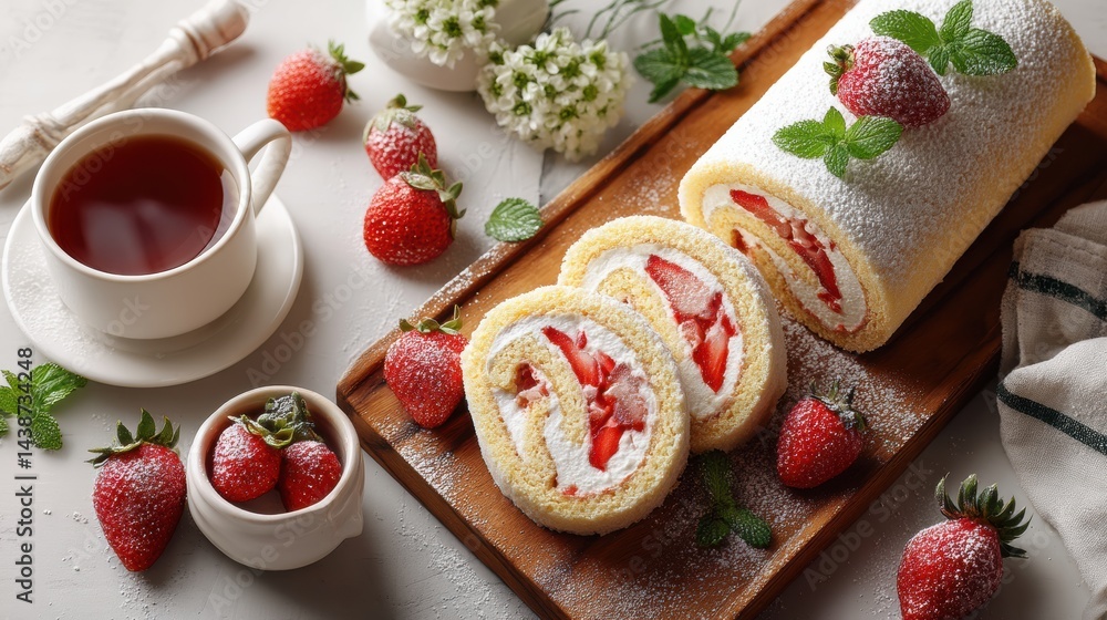 Aufkleber sliced swiss roll cake with strawberry filling and mint showcases delightful dessert presentation in
