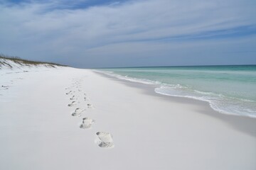 Footprints on a pristine beach.  Gentle waves, azure water, and white sand