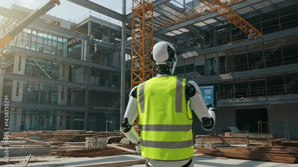Poster advanced ai robot inspects new building site. artificial intelligence technology at construction wor