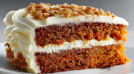 a close-up of a rich slice of carrot cake with cream cheese frosting on a white isolated background, moist and indulgent design