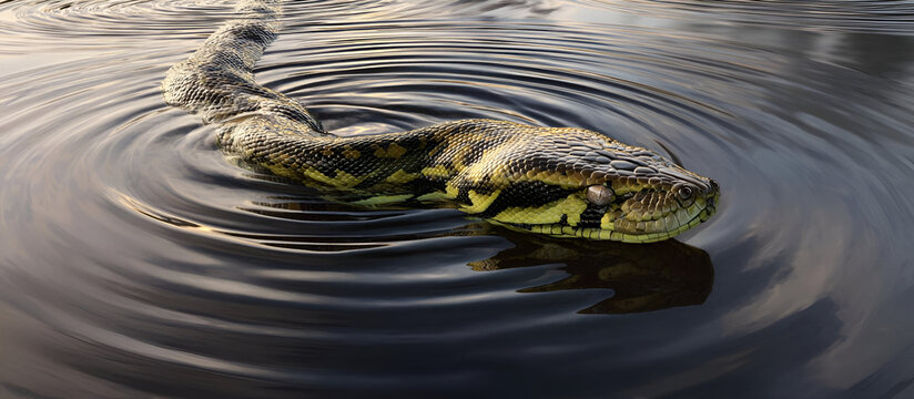 An anacondas body emerging from a swampy river, with ripples surrounding it as the snakes powerful muscles slice through the water.