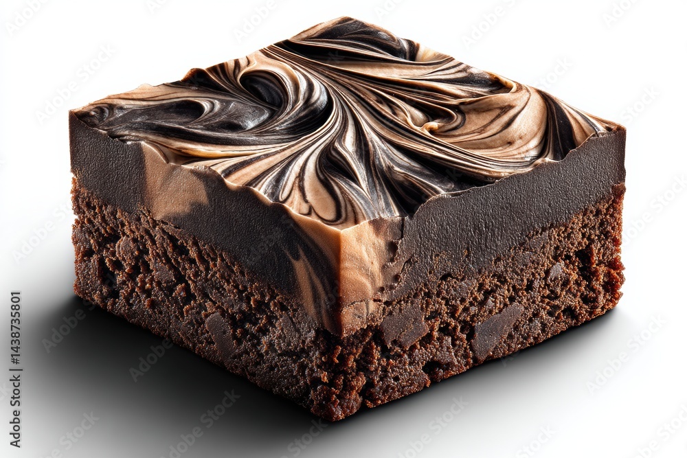 Poster decadent topped brownie square with a rich swirl design, isolated against a clean white background s
