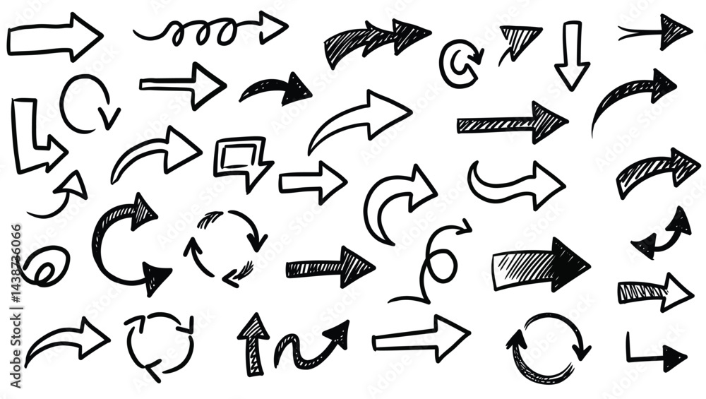 Poster arrow doodle vector set, sketch arrow collection, hand drawn arrows, direction pointers, navigation 