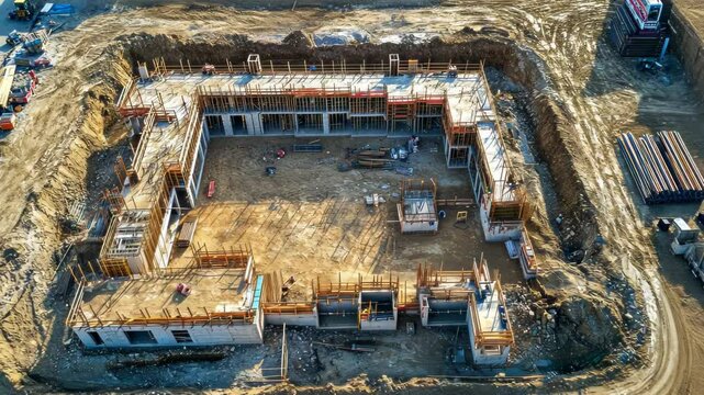 Aerial view of multi-story construction site, progress, excavation, ground work