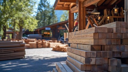 Stacked lumber beams in a wood supply yard.  Wooden beams neatly organized outdoors, ready for purchase.  Sunny day in a rustic setting