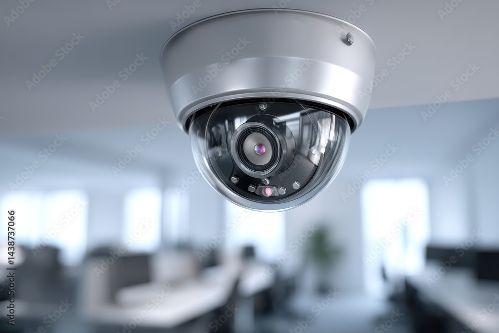Poster close-up of a modern security camera mounted on the ceiling in an office space, ensuring safety and 